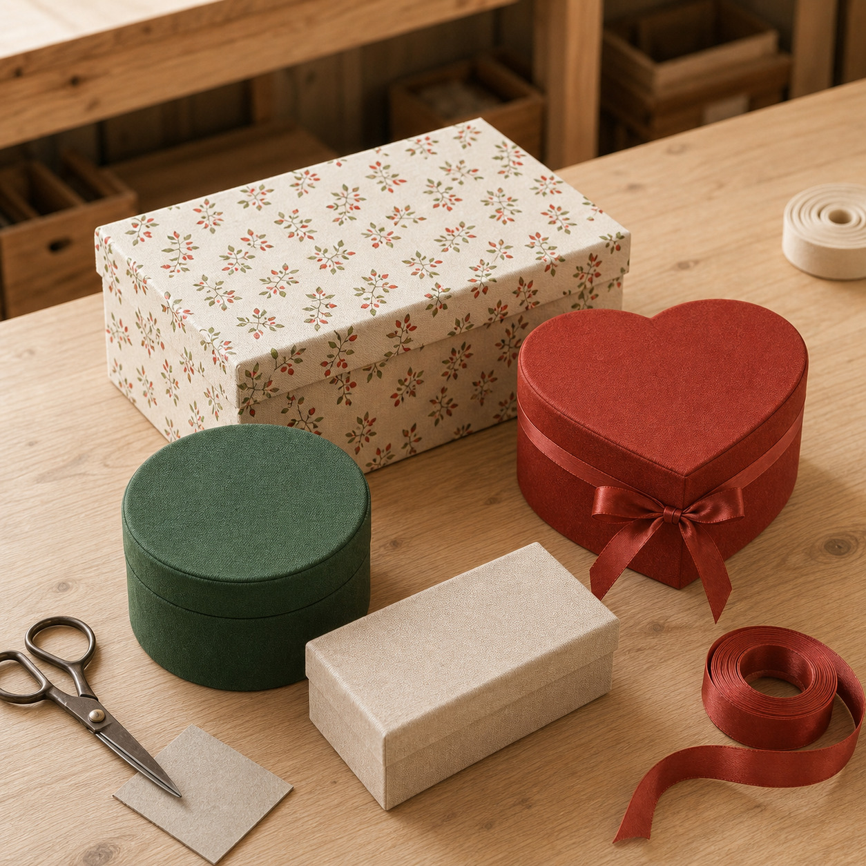 Caixas cartonadas prontas sobre mesa de trabalho